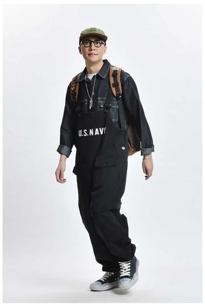 Men's Denim Pants American Retro Overalls Jumpsuit Men Fashion Letter Printing Solid Pockets Mens Loose Jeans T221102_voghion.com