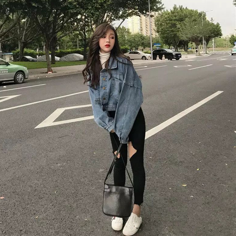 Xpqbb Chaqueta vaquera recortada para mujer, moda coreana, chaqueta bomber con botones divididos en la espalda, chaqueta vaquera de manga larga con solapa para mujer_voghion.com
