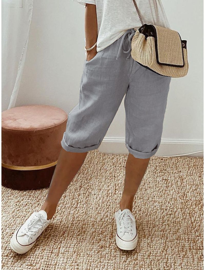Women's cotton and linen pocket elastic casual pants women's pants quarter pants_voghion.com