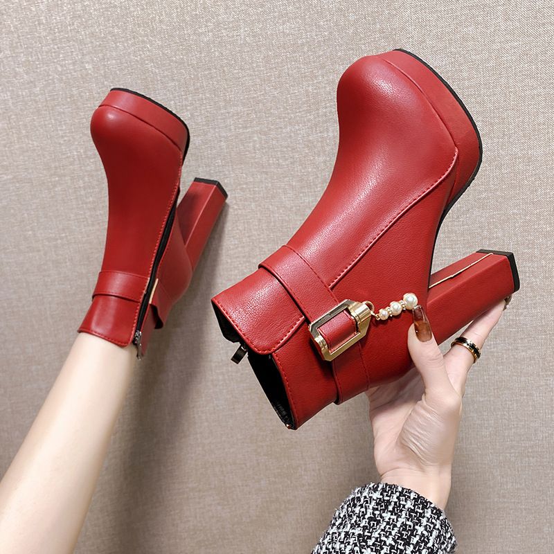 Stivali da donna Martin alla moda con tacco alto, corti e fibbie per cintura, autunno inverno 2023, taglia grande e piccola, taglia 32_voghion.com