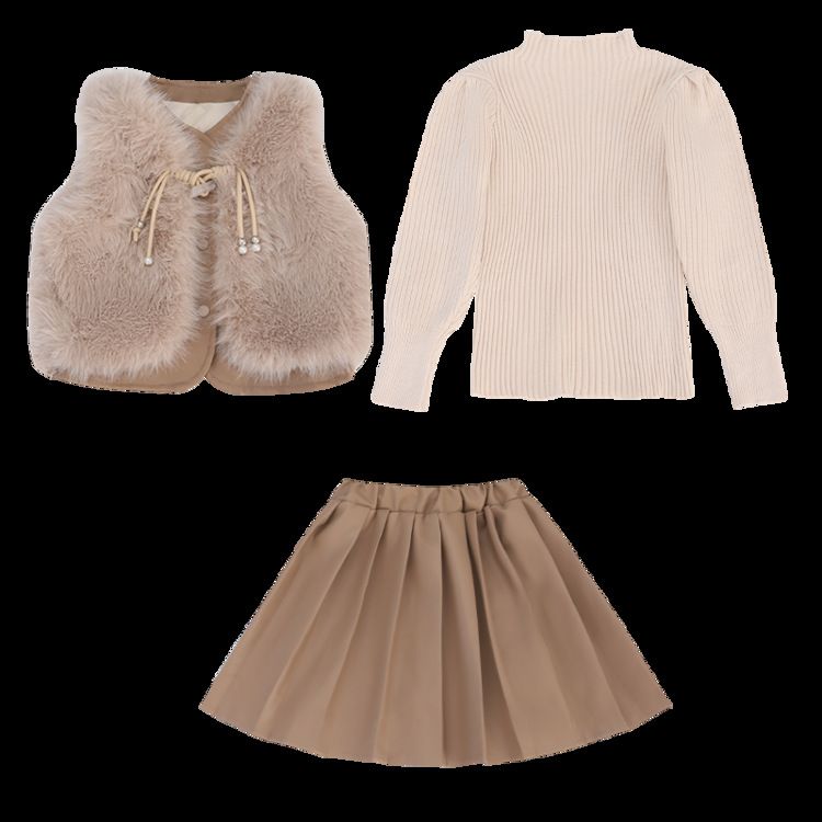 Versione coreana del completo tre pezzi con gilet di pelliccia per ragazze, gonna a pieghe con bottoni di perle in pelle, fondo maglione, completo alla moda in pelliccia sintetica_voghion.com