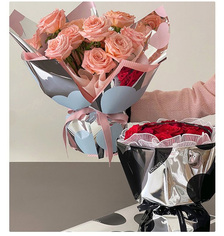 Bloem inpakpapier Cadeauboeket inpakmateriaal Spiegel Perzik Hart Kunstpapier Zilver Bloemig Metaal Gealuminiseerd Papier_voghion.com
