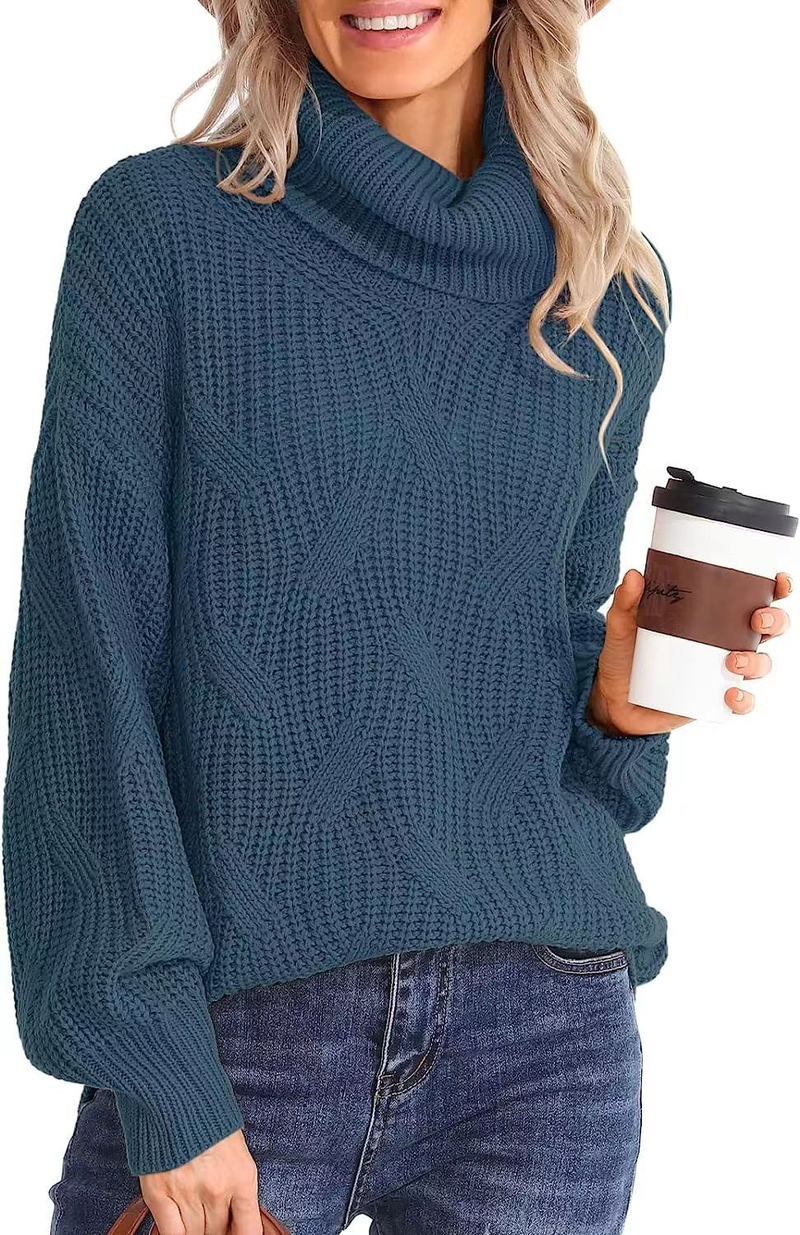 Pull tricoté à col roulé et manches longues pour femme, ample, à la mode_voghion.com