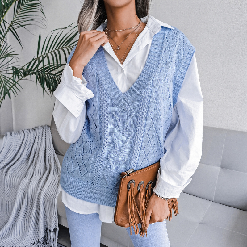 Damen-Strickweste, Ausschnitt, V-Ausschnitt, Tank-Top, einfarbig, lässig, Pullover-Top_voghion.com