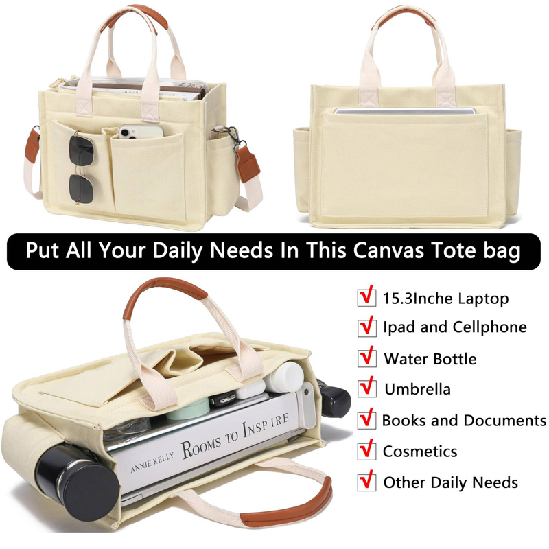 Borsa tote in tela grande per donna, con tasche, borsa a tracolla per laptop_voghion.com