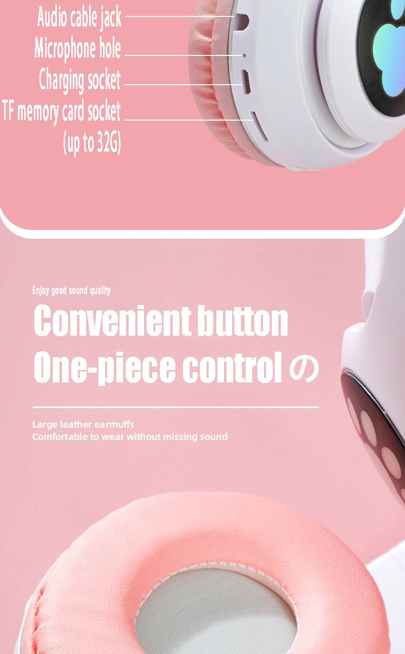 Casque Bluetooth sans fil à oreilles de chat avec design pliable et boutons multifonctions colorés_voghion.com