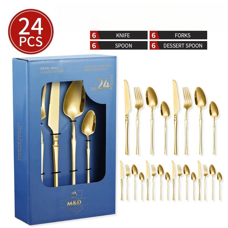 Juego de cubiertos de acero inoxidable de 24 piezas - Estuche de regalo fino con cuchillo, tenedor y cuchara dorados para carne y comida occidental._voghion.com