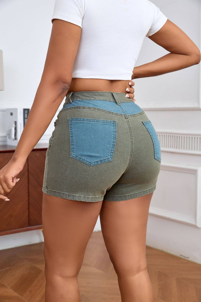 Short en jean élastique à coutures délavées pour femme_voghion.com