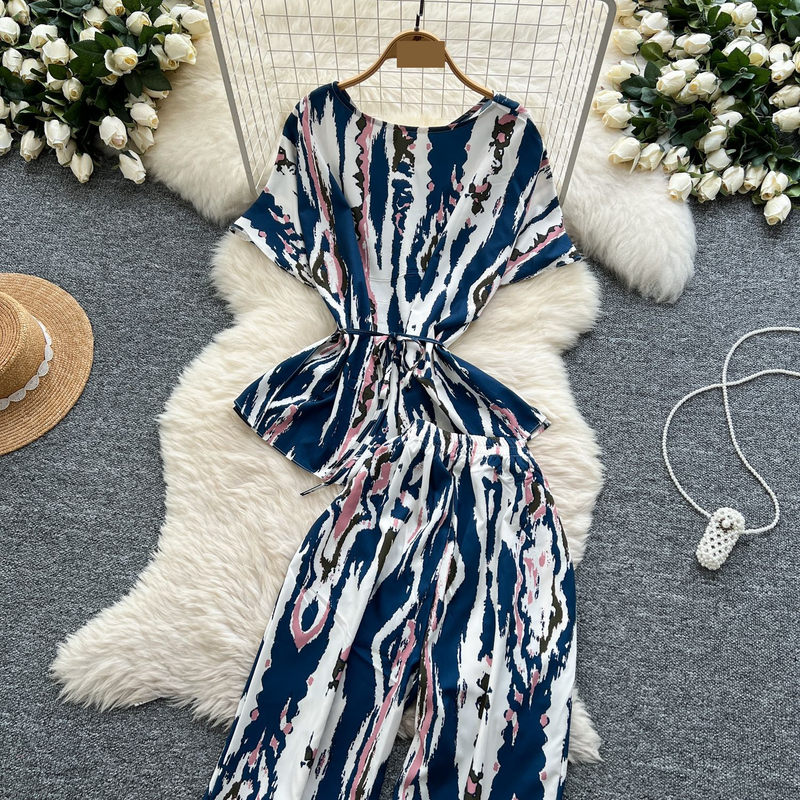 Women's Clothing Two Piece Suit Cross Waist Round Neck Short Sleeves Printed Top High Waist Casual Wide Leg Pants_voghion.com