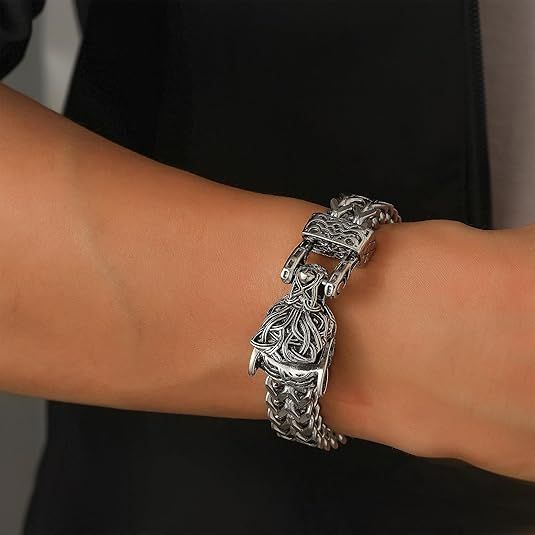 Men's Dragon Head Bracelet, Stainless Steel Cuban Link Chain, Viking Style Clasp_voghion.com
