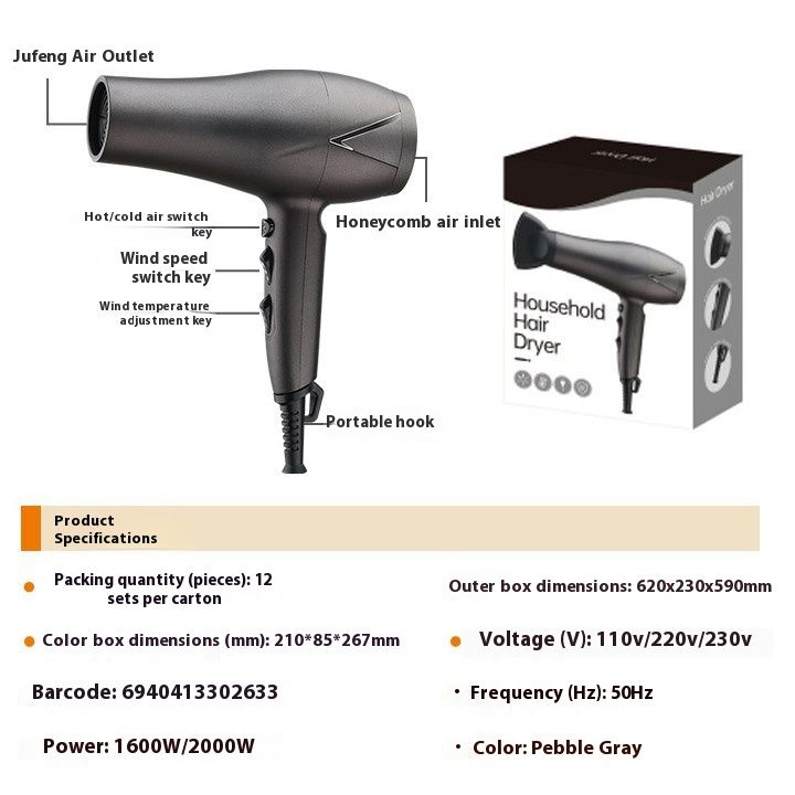 2000 W professioneller Haartrockner mit 5 Geschwindigkeitsstufen und Negativ-Ionen-Technologie – EU-/UK-/US-Stecker, Überhitzungsschutz, Hochgeschwindigkeits-Gleichstrommotor (Grau)_voghion.com