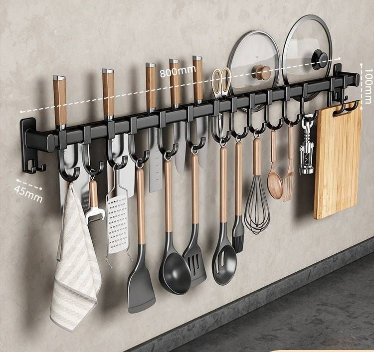 No Drill Kitchen Hooks Wall Mount Organizer - Space Saving Utensil Holder With Sturdy Aluminum Hooks_voghion.com