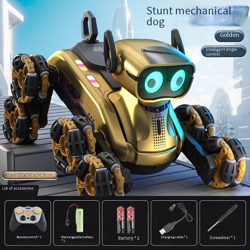 Cão robô com controle remoto de 8 rodas, com controle duplo portátil/relógio, efeitos de toque e som, brinquedo interativo inteligente para crianças (prata/dourado)_voghion.com