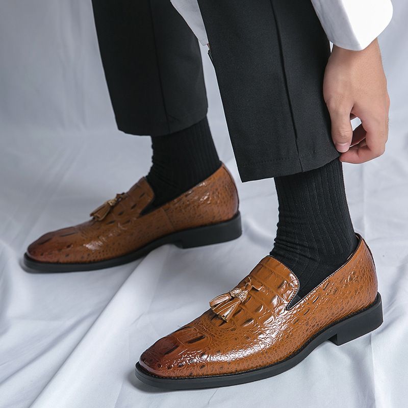 Oversized Slip-on Leather W Fringed Feet Loafers British Men's Crocodile Print Business Casual Bean Shoes_voghion.com