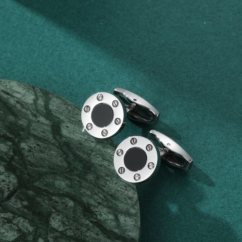 Elegant Onyx Inlaid Titanium Steel Screw Cufflinks For Dress Shirts Geometric Design, High Polish Finish, For Business, Wedding & Formal Occasions_voghion.com