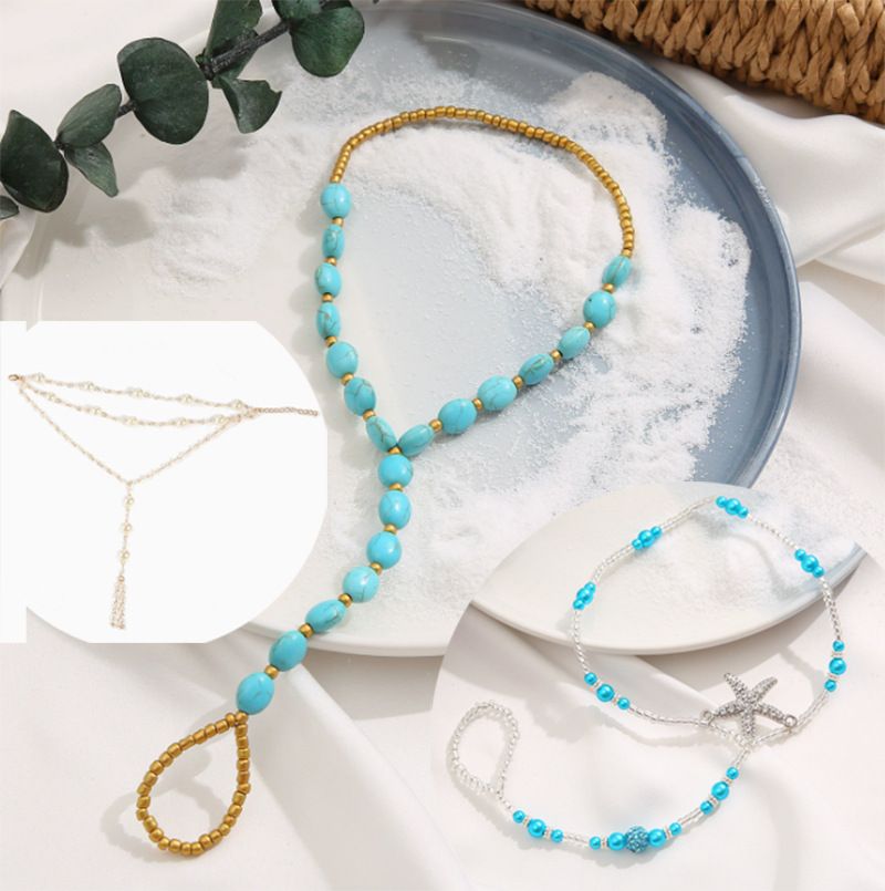 Turquoise Beaded Sexy For Women Versatile Textured Exaggerated Crystal Pearl Connected Toe Anklet_voghion.com