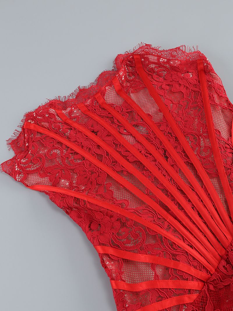 Elegantes, schulterfreies, schmales, figurbetontes Minikleid aus Spitze mit Korsett und Stäbchendetail_voghion.com