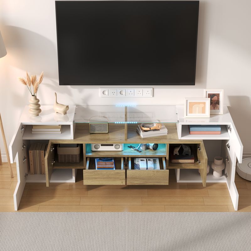 Meuble TV moderne, buffet bas blanc brillant de 145 cm avec éclairage LED, surface en verre élégante, mobilier de salon contemporain_voghion.com