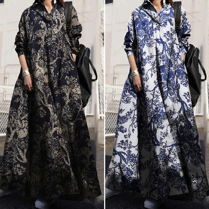 Kvinnors fritidskläder Plus size damkläder tryckt bomull och linne klänning retro etnisk stil kläder lös långärmad kjol_voghion.com