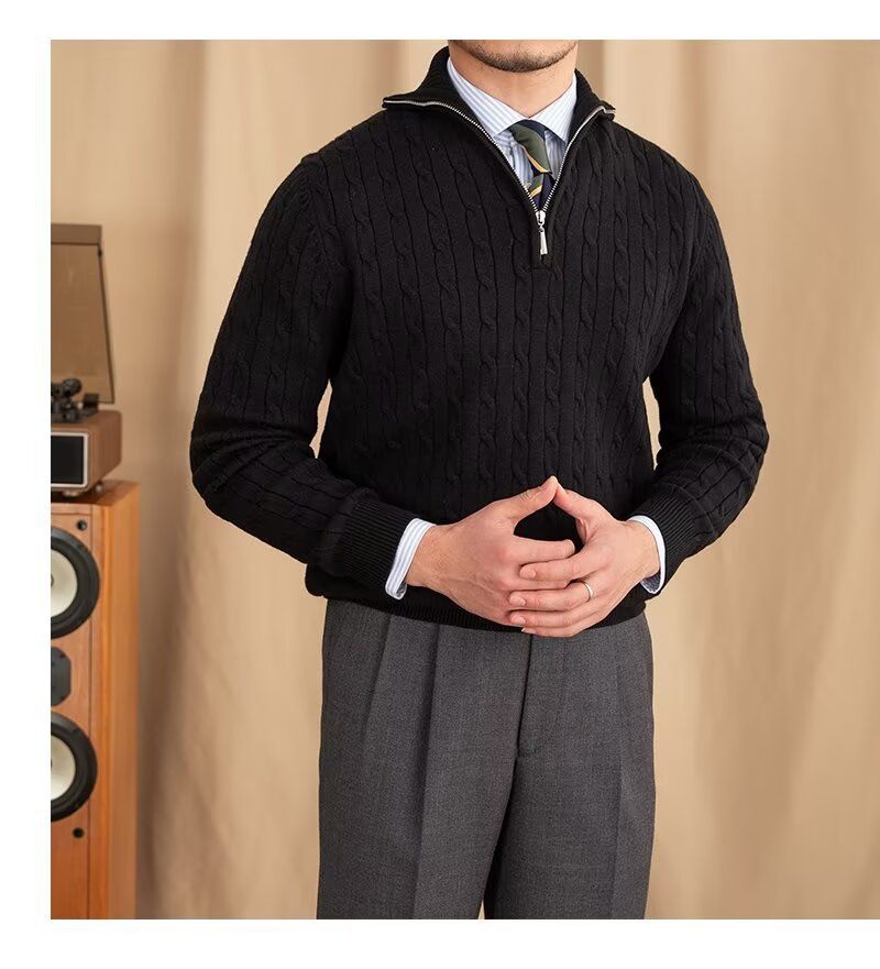 Men's Clothing Cozy Retro Zip-Up Knit Sweater For Men & Women, Soft Pullover With Embroidered Badge, Loose Fit Casual Wear, Black/White, Sizes M-3XL_voghion.com