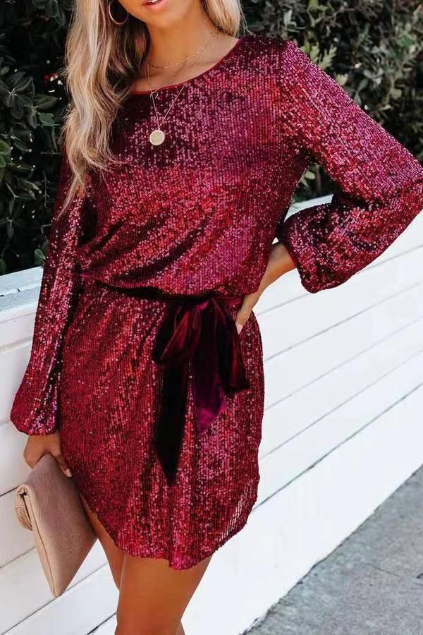 Women's Clothing Autumn Slim Lantern Sleeve Round Neck Belt Sequin Dress_voghion.com
