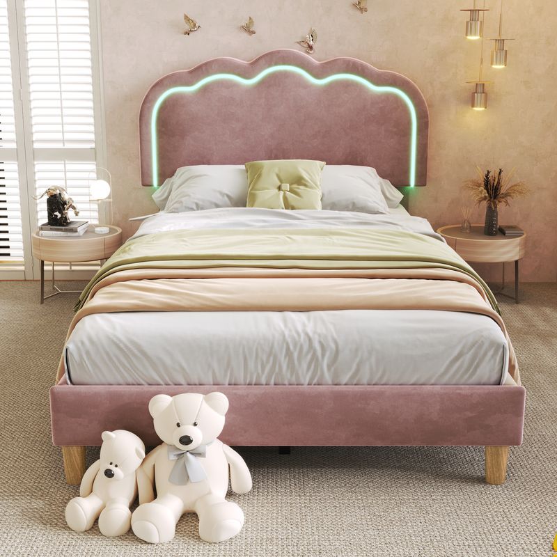 Cadre de lit simple en velours rose 90 x 190 cm avec éclairage LED, tête de lit et sommier à lattes réglables, lit enfant rembourré pour chambre ou chambre d'amis_voghion.com