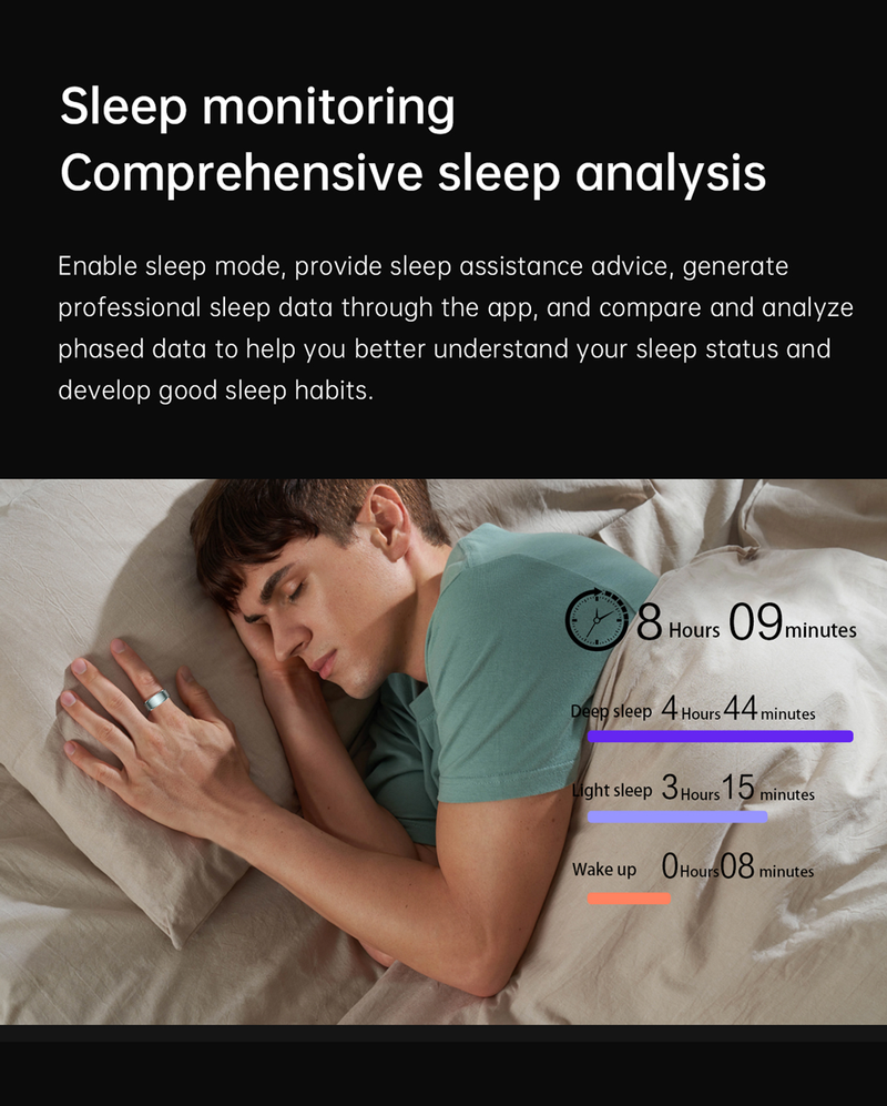 Anello da dito intelligente da uomo Monitoraggio della salute Rilevamento della frequenza cardiaca Ossigeno nel sangue/Temperatura/Monitoraggio del sonno Fotografia con telecomando_voghion.com