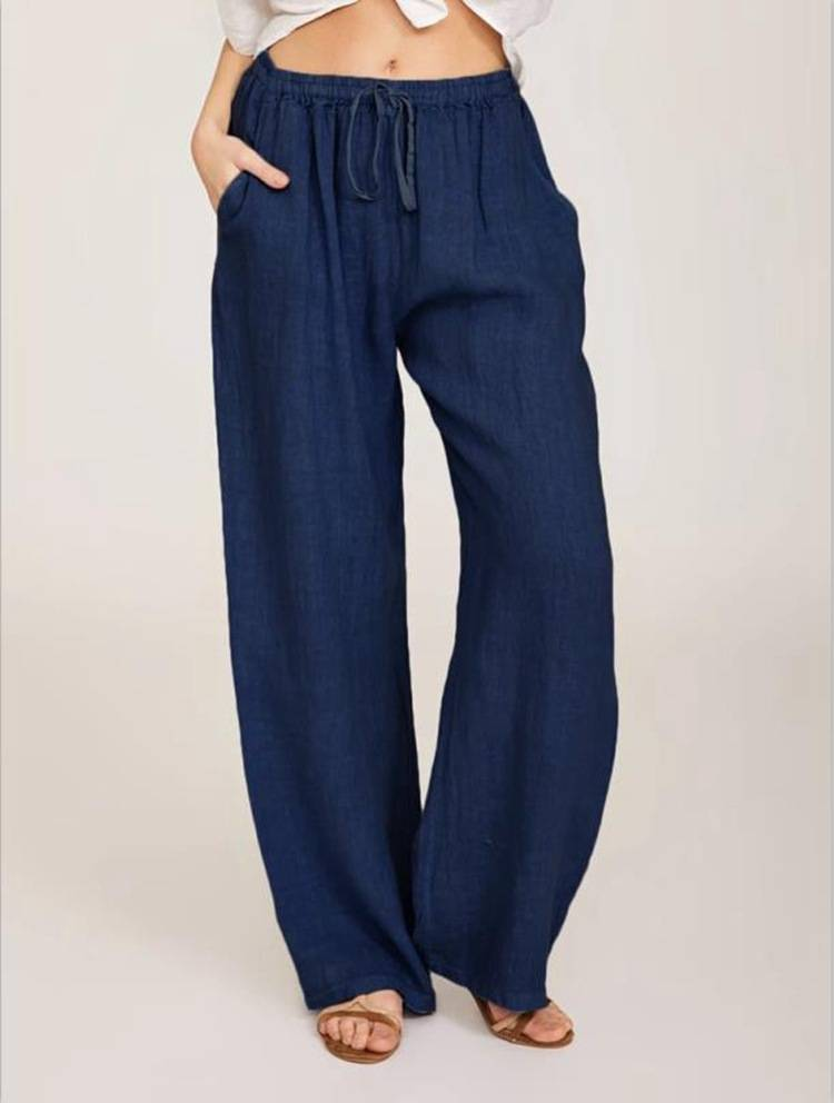 Women's Cotton Linen Pants Casual Loose Solid Elastic Waist Pocket Straight Trousers Ladies Oversize Wide Leg Pant Streetwear_voghion.com