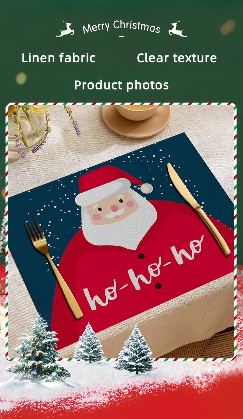 Christmas Table Mats With Santa And Reindeer Print - Festive Dining Decor (3-Piece Set)_voghion.com