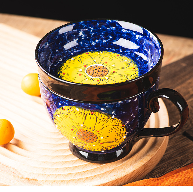 Hand-Painted Ceramic Breakfast Cup Set With Spoon (510ml) - 4 Vintage Floral Designs, Includes Nut Dish & Spoon_voghion.com