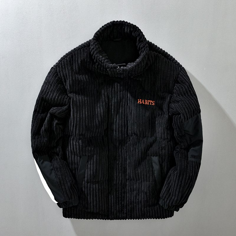 Men's Corduroy Stand Collar Down Jacket - 90 Fill Power White Duck Feather, Loose Fit Streetwear For Winter Style_voghion.com