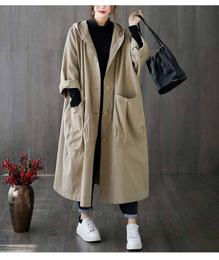 Elegant Oversized Hooded Trench Coat For Women – Long Knee-Length Design With Large Pockets, Casual & Office Wear, Available In 5 Classic Colors_voghion.com
