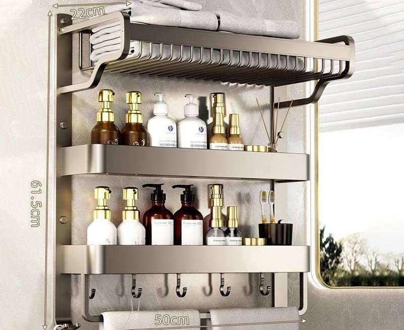 Space Aluminum Bathroom Towel Rack With Storage Shelf, No Drill Wall Mounted, Modern Design For Bathroom, Kitchen, Laundry Room_voghion.com