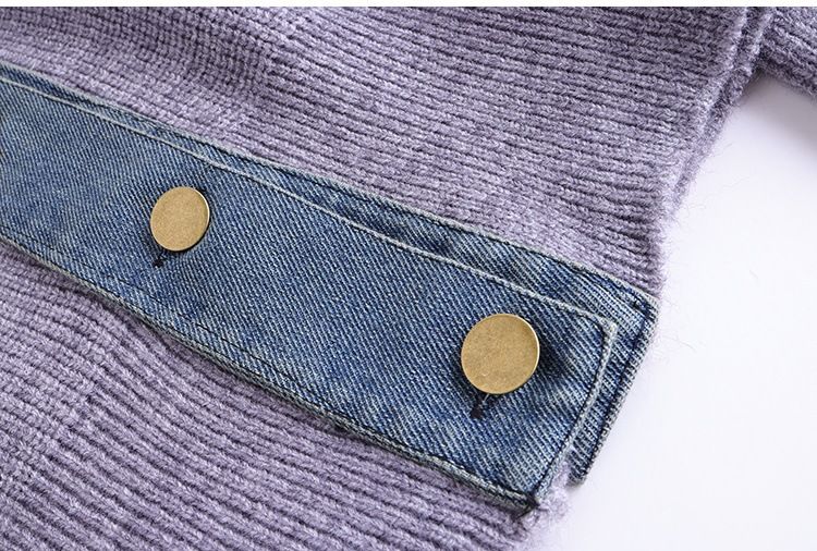 Women's Clothing Autumn and Winter Denim Splicing Sweater Waist Lapel Ribbed Temperament Knitted Cardigan Top_voghion.com