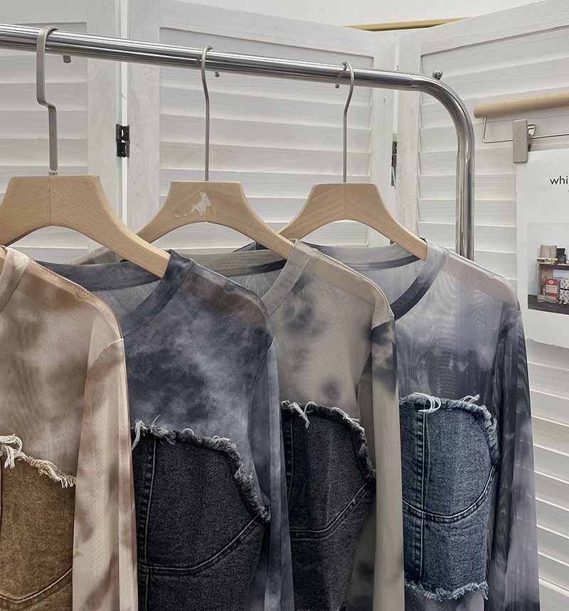 Damenbekleidung Retro Verschmierte Mesh-Nähte Denim Gerade Schulter Langarm T-Shirt Hot Girl Kurzes Slim Fit Top 2617_voghion.com