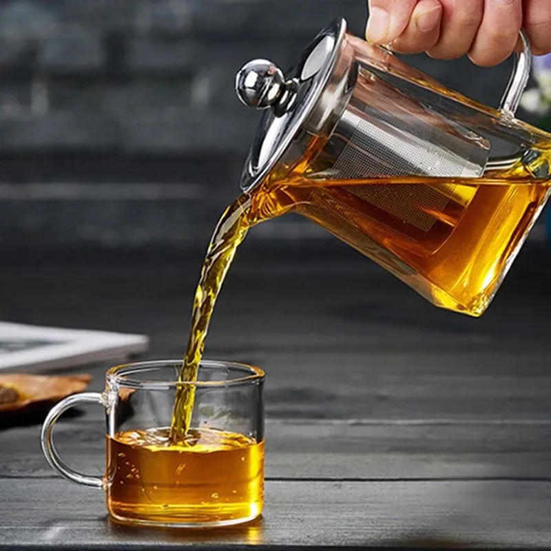 Heat Resistant Glass Teapot With Stainless Steel Coffee Infuser Heated Container Tea Pot Good Clear Kettle Square Filter Baskets_voghion.com