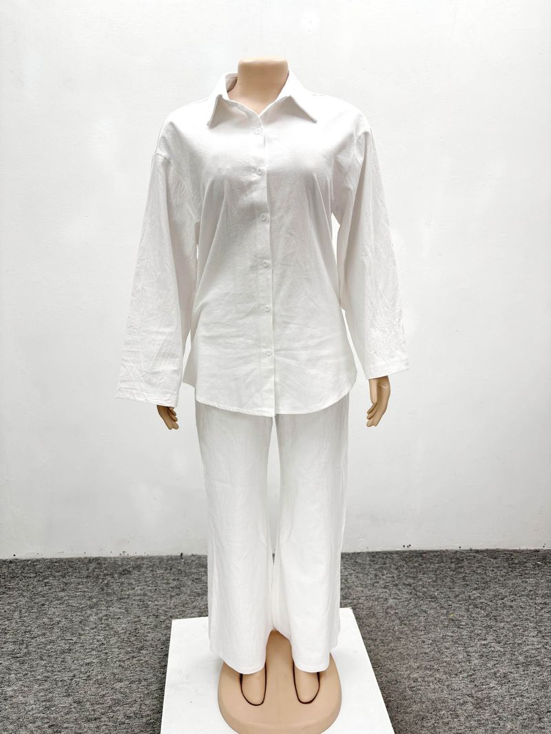 Damenbekleidung Mode Lässig Weißes Hemd Strickjacke Hose Zweiteiliges Langarmhemd_voghion.com