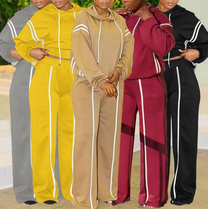 Damenbekleidung Zweiteiliges Set mit Kapuzenpullover mit Bandnähten_voghion.com