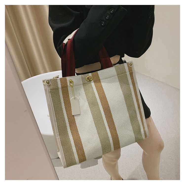 Borsa tote da donna, borsa tote a mano alla moda a righe da donna, borsa a tracolla monospalla in tela color-block di grande capacità_voghion.com