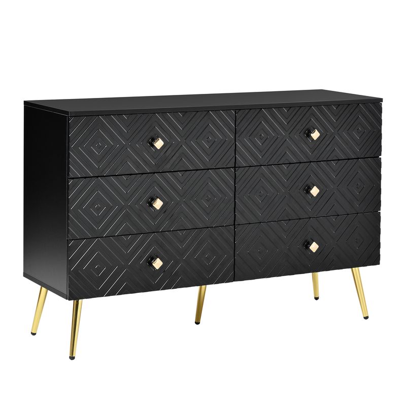 Kommode Schwarz 120x80cm Mit 6 Schubladen, Gold-Akzenten, Metallbeinen_voghion.com
