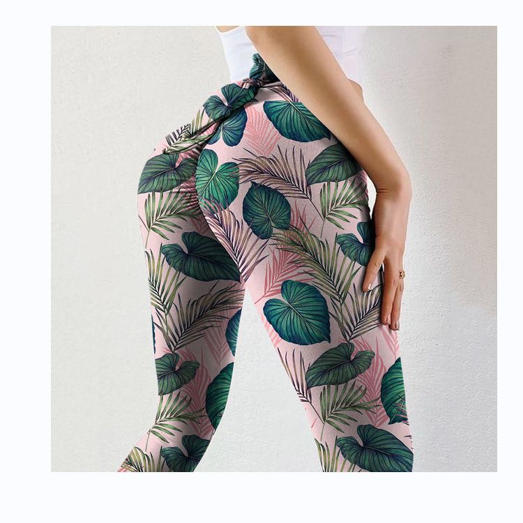 Pantaloni da yoga da yoga da donna con stampa multicolore antirughe sull'anca, dimagranti a vita alta, con fiocco elasticizzato_voghion.com