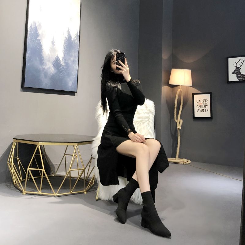 Spitzschuh Gestrickt Slim Fly Knit Elastische Socke Chunky Heel Kurze Stiefel Frauen 2025 Herbst Winter Große Größe Schwarz frauen_voghion.com