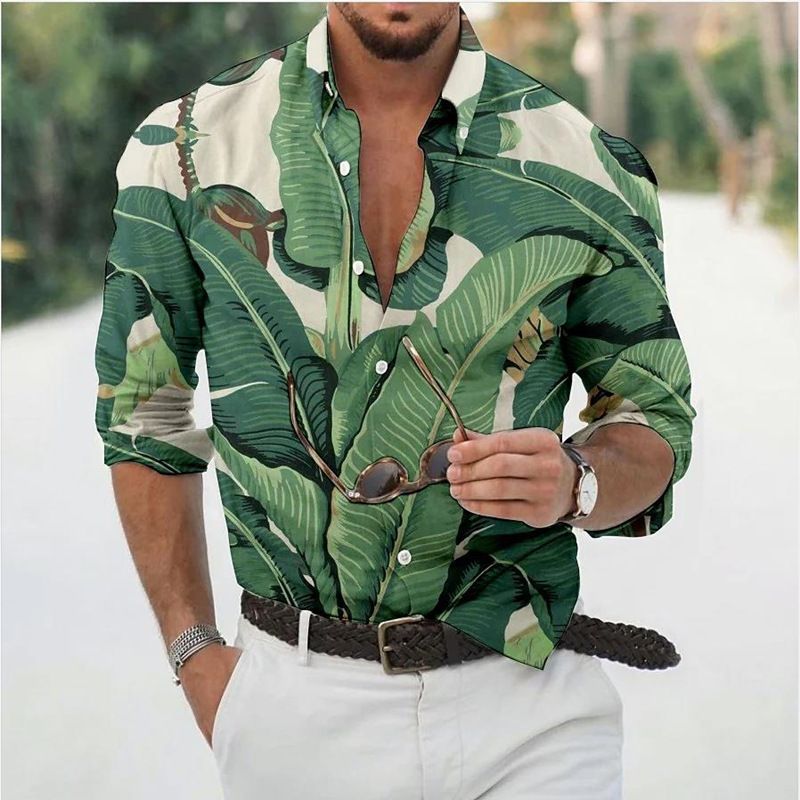 3D-Druck Grünes Blatt Grafik Herren Langarmhemd Hawaii Freizeit Reise Urlaub Revers Button Shirts Locker Atmungsaktiv Herren Tops
_voghion.com