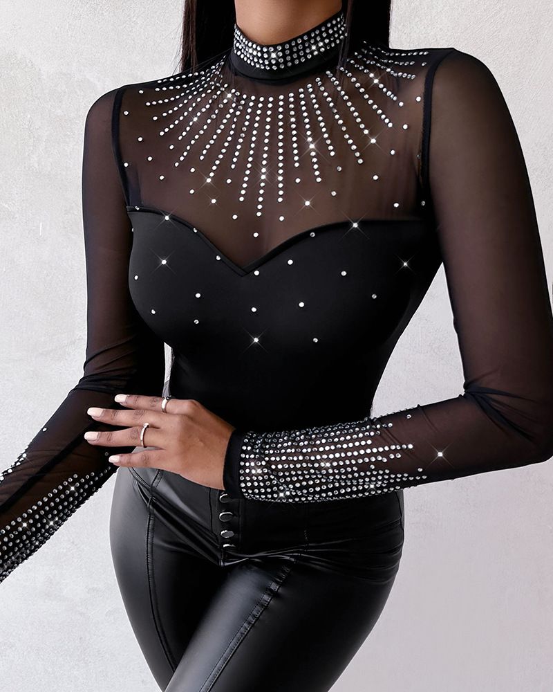 Mono de manga larga con diamantes calientes y empalme de malla popular_voghion.com