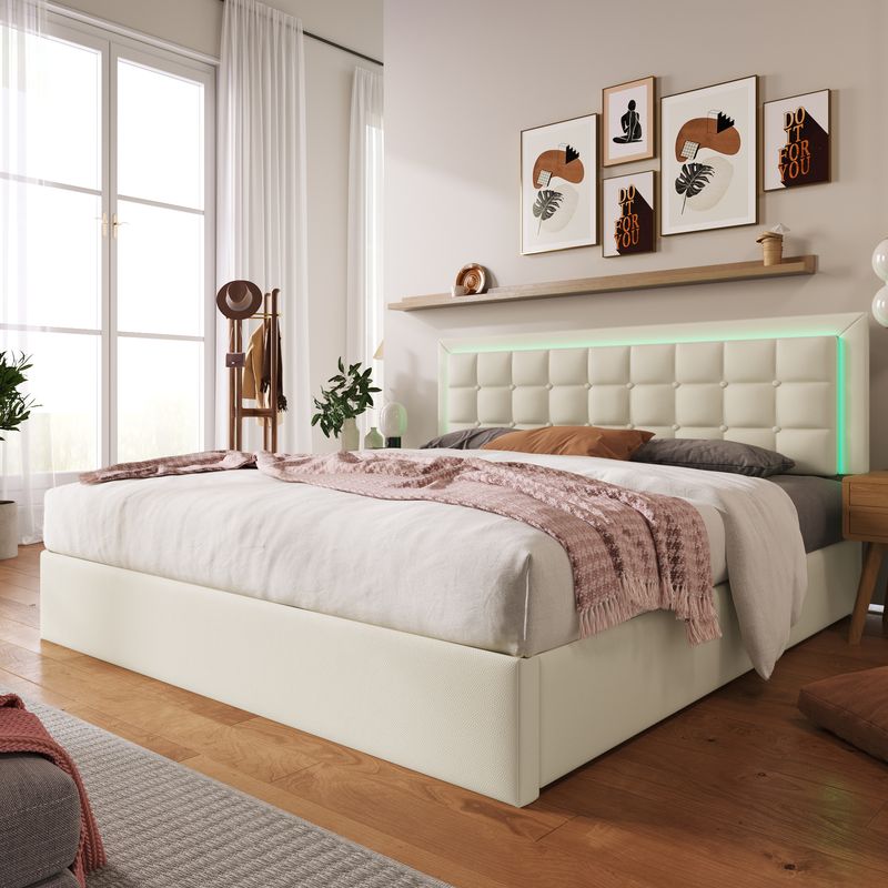 Lit double 140 x 200 cm avec sommier à lattes et rangements, avec bande lumineuse LED, cadre de lit rembourré en similicuir blanc._voghion.com