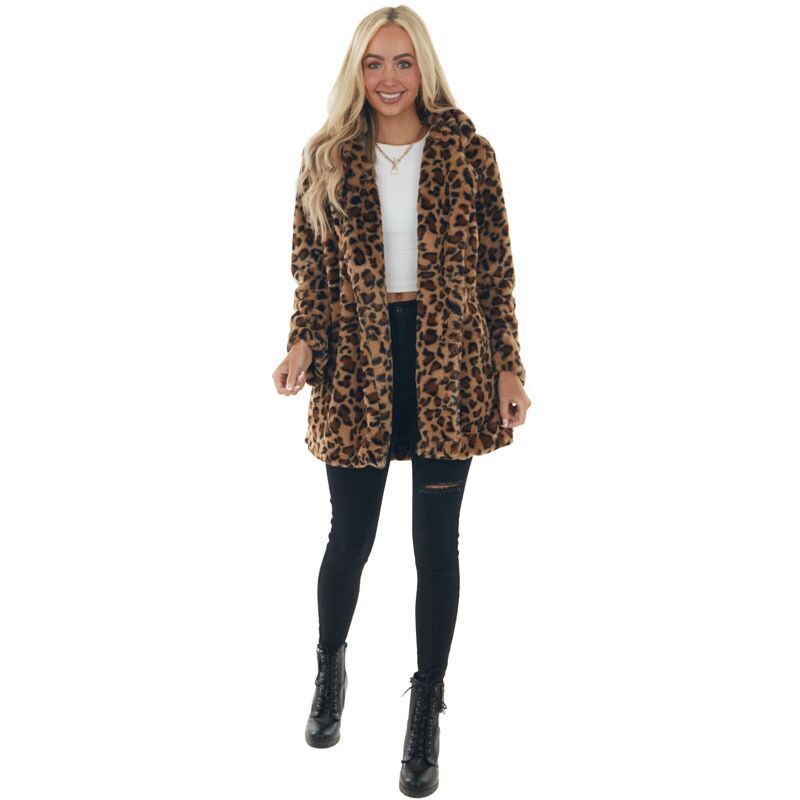 Modischer Kaninchenfellmantel mit Leopardenmuster für Damen – Übergroße, mittellange Jacke mit Taschen, weiche Plüsch-Oberbekleidung für Herbst und Winter_voghion.com