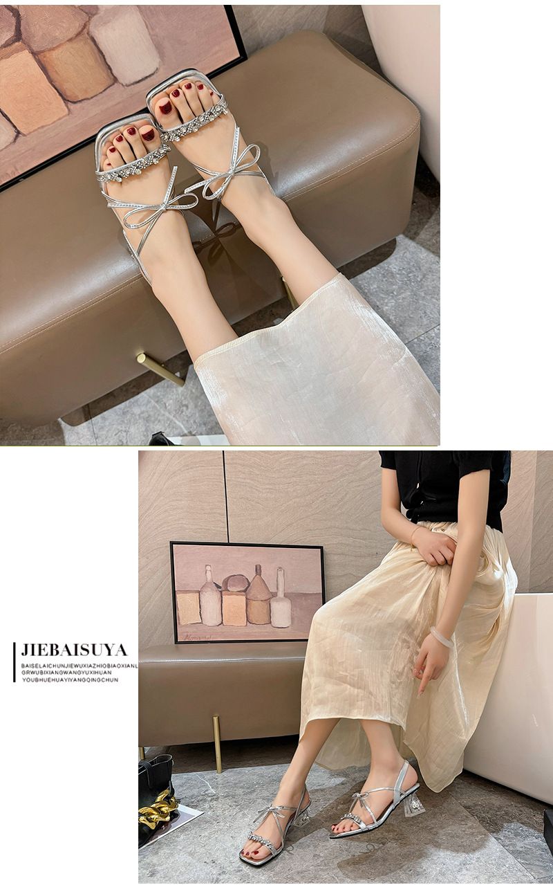 Sandali con tacco spesso e strass, stile fata con testa quadrata, stile 2025, con fiocco, da donna, estivi, con cinturino dritto,_voghion.com