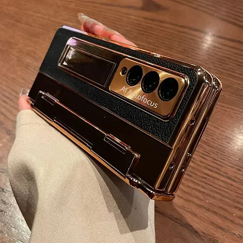 Plating Gloss Leathe Phone Case Fo Samsung Galaxy Z Fold 7 6 5 4 3 Hinge Desktop Kickstand Anti-Dop Potect Back_voghion.com