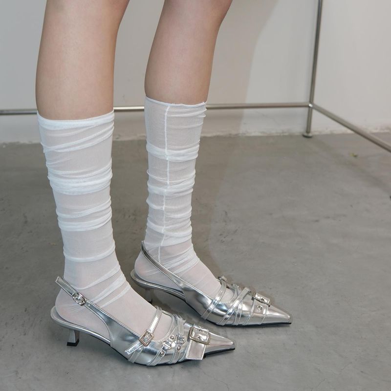Calfskin Open Back Half Slippers,Belt Buckle High Heels,Silver Pointed Toe Mule Shoes,2025 Spring Summer New Exquisite Wear Comfortable_voghion.com