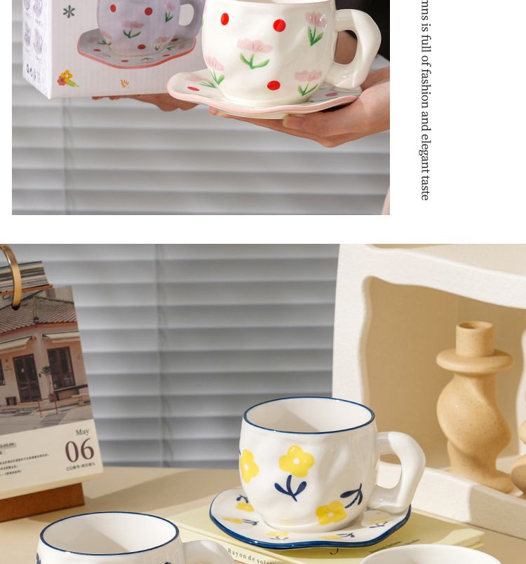 Ins Style Ceramic Coffee Pinched Hand Painted Irregular And Saucer High Aesthetic Breakfast Cup_voghion.com